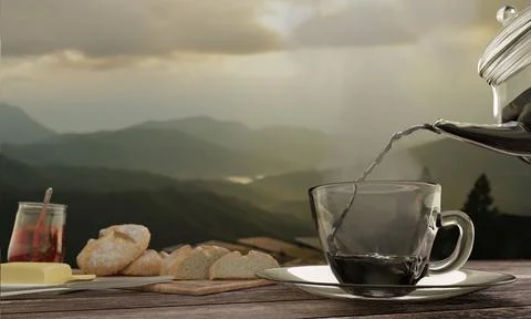 Black coffee in Clear coffee cup and pot on wooden table mountian view. 3D .. Stock Illustration