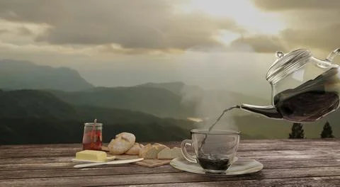 Black coffee in Clear coffee cup and pot on wooden table mountian view. 3D .. Stock Illustration