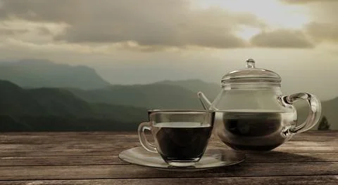 Black coffee in Clear coffee cup and pot on wooden table mountian view. 3D .. Stock Photos