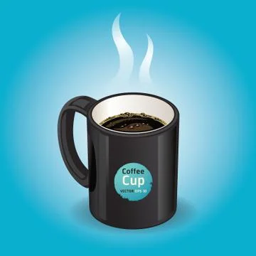 Black coffee cup on blue background. Vector illustration. Stock Illustration