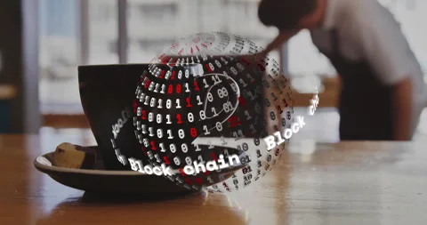Black coffee cup floating above wooden table, glowing with swirling blockchain Stock Footage 307447217