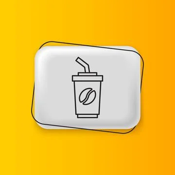 Black Coffee cup to go icon isolated on yellow background. Silver rectangle.. Stock Illustration