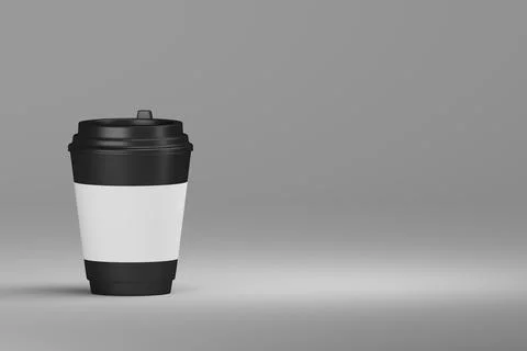 Black coffee cup or tea cup with blank label on neutral grey background - 3d Stock Illustration