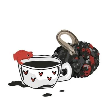 Black coffee cup, red frog, and red painted warty gourd Halloween compositi.. Stock Illustration