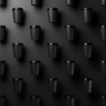 Black coffee cups on black background 3D illustration Stock Illustration