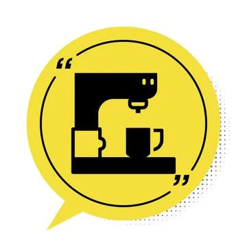 Black Coffee machine icon isolated on white background. Yellow speech bubble Stock Illustration