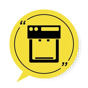 Black Coffee machine icon isolated on white background. Yellow speech bubble  Stock Illustration