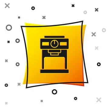 Black Coffee machine icon isolated on white background. Yellow square button. Stock Illustration