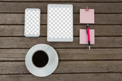 Black coffee, mobile phone, digital tablet, pen and sticky note on wooden plank Stock Illustration