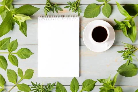Black coffee with opened blank notepad Foto stock