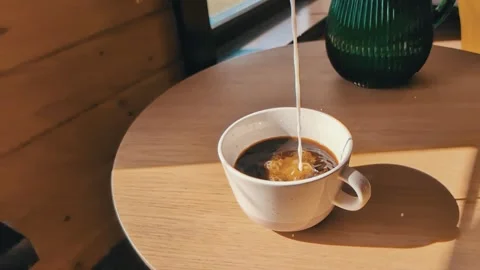 Black Coffee with Slow-Motion Milk Drip, Close-Up Stock Footage 307048574
