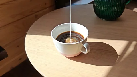 Black Coffee with Slow-Motion Milk Drip Close-Up Stock Footage 307048780