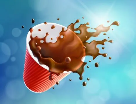 Black Coffee Splash in a Plastic Ripple Cup. Shiny Sky Background Stock Illustration