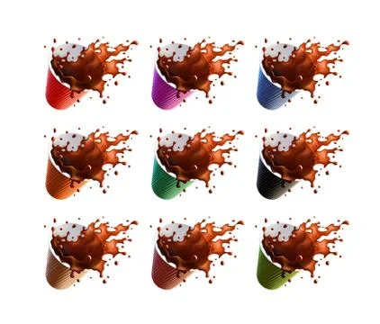 Black Coffee Splash in a Plastic Ripple Cups Isolated on a White Background. 9 Stock Illustration