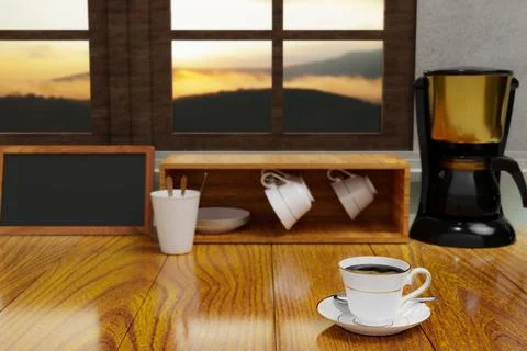 Black coffee in a white ceramic mug with gold rim and saucer. Blur Black an.. Stock Illustration