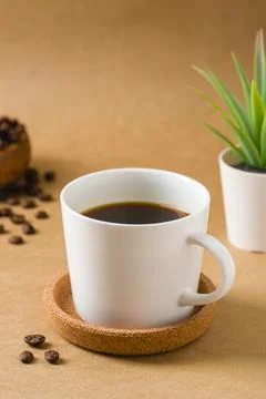 Black coffee in white cup with beans and decorative green plant Stock Photos