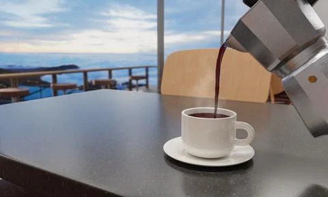 Black coffee in a white mug on a marble patterned table. The coffee shop or.. Stock-Illustration