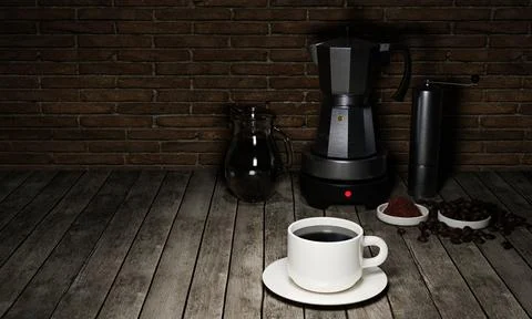 Black coffee in a white mug On a plank table. Moka pot and coffee blender s.. Stock-Illustration