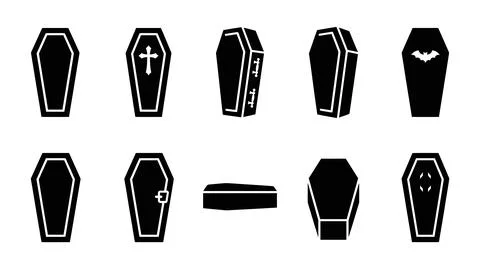 Black coffin silhouette icon set isolated on white background for halloween.. Stock Illustration