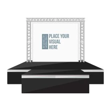 Black color flat style high podium stage with banner on metal truss. Stock Illustration