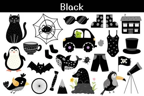 Black color objects set. Learning colors for kids. Cute elements collection Stock Illustration