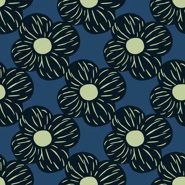 Black colored abstract simple flower shapes seamless pattern. Navy blue backg Stock Illustration