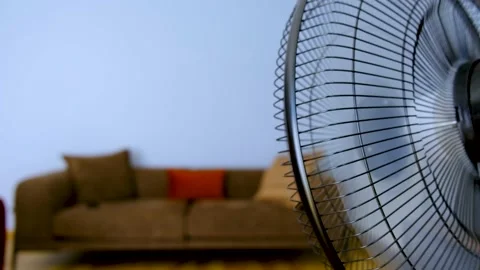 Black colored home type cooling fan swinging from left to right in a living room Stock Footage 201895010