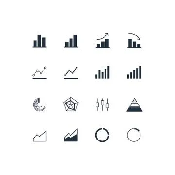 Black column, bar, pie, radar and pyramid icons isolated on white background Stock Illustration