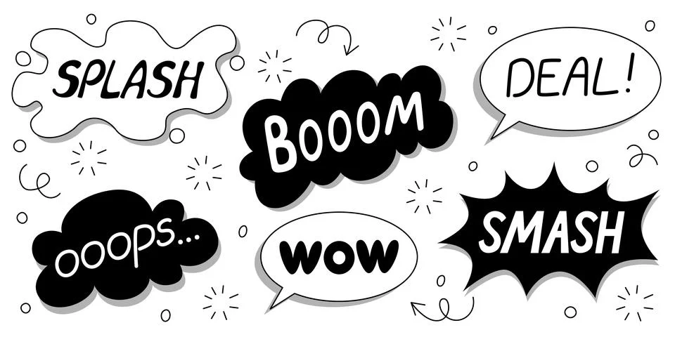 Black comic explosions words in speech bubbles Stock Illustration