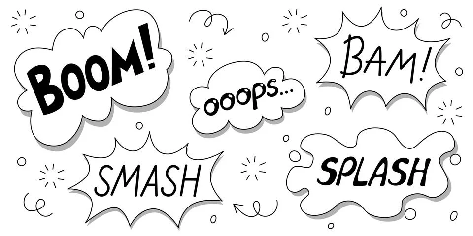 Black comic explosions words in speech bubbles Stock Illustration