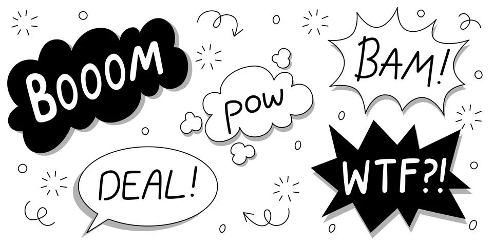 Black comic explosions words in speech bubbles Stock Illustration