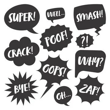Black comic speech bubbles with handwritten text isolated on white background Stock Illustration