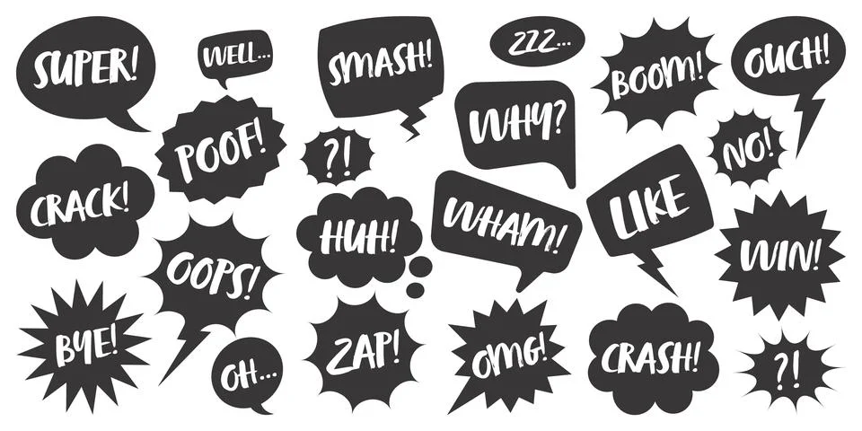 Black comic speech bubbles with handwritten text isolated on white background Stock Illustration