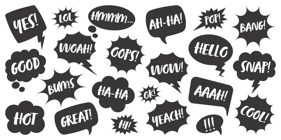 Black comic speech bubbles with handwritten text isolated on white background Stock Illustration