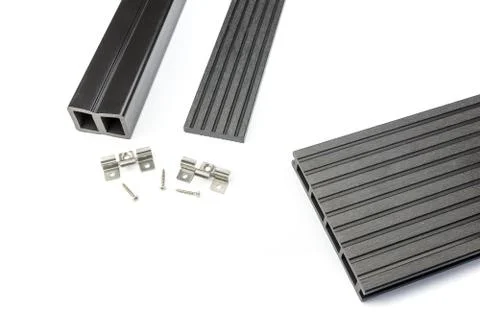 Black composite decking board with mounting material Stock Photos