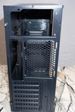 Black computer case with blue elements vertical . 스톡 사진