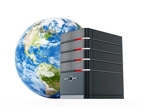 Black computer case in front of the earth model. 3D illustration Stock Illustration