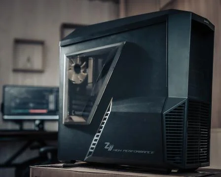 Black computer case with a transparent window in Stock Photos