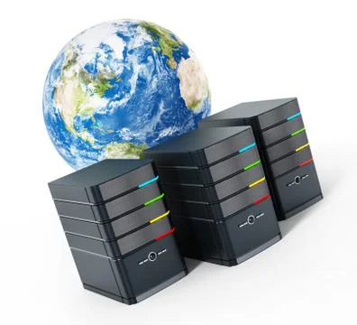 Black computer cases in front of the earth model. 3D illustration Stock Illustration
