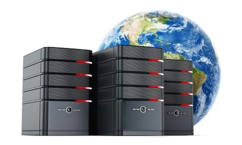 Black computer cases in front of the earth model. 3D illustration Stock Illustration