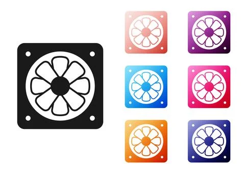 Black Computer cooler icon isolated on white background. PC hardware fan. Set 스톡 일러스트