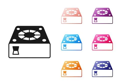 Black Computer cooler icon isolated on white background. PC hardware fan. Set Illustrazione stock