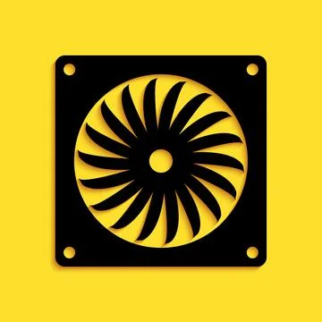 Black Computer cooler icon isolated on yellow background. PC hardware fan. Long Stock Illustration