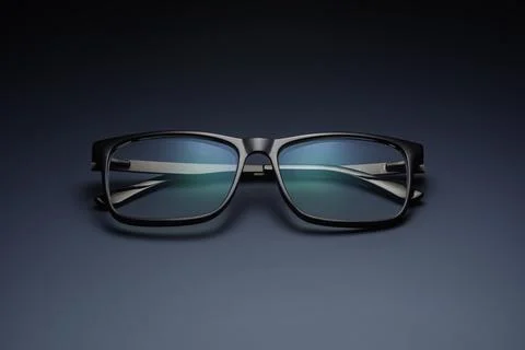 Black computer glasses with blue reflective lenses lie centered on teal Фото