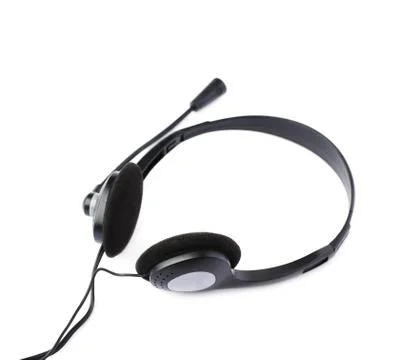 Black computer headset with a microphone isolated over white background Stock Photos