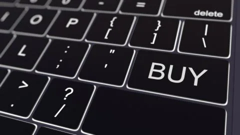 Black computer keyboard and glowing buy key. Conceptual 3D rendering Stock-Illustration