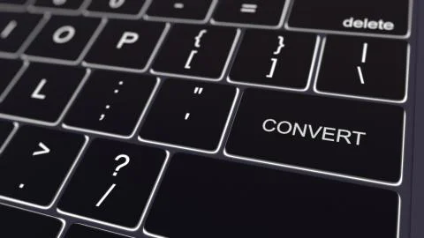 Black computer keyboard and glowing convert key. Conceptual 3D rendering Illustrazione stock