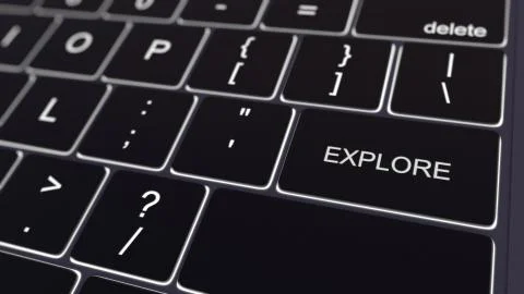 Black computer keyboard and glowing explore key. Conceptual 3D rendering Stock Illustration