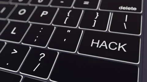 Black computer keyboard and glowing hack key. Conceptual 3D rendering Stock Illustration