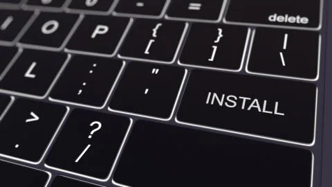 Black computer keyboard and glowing install key. Conceptual 3D rendering Stock Illustration